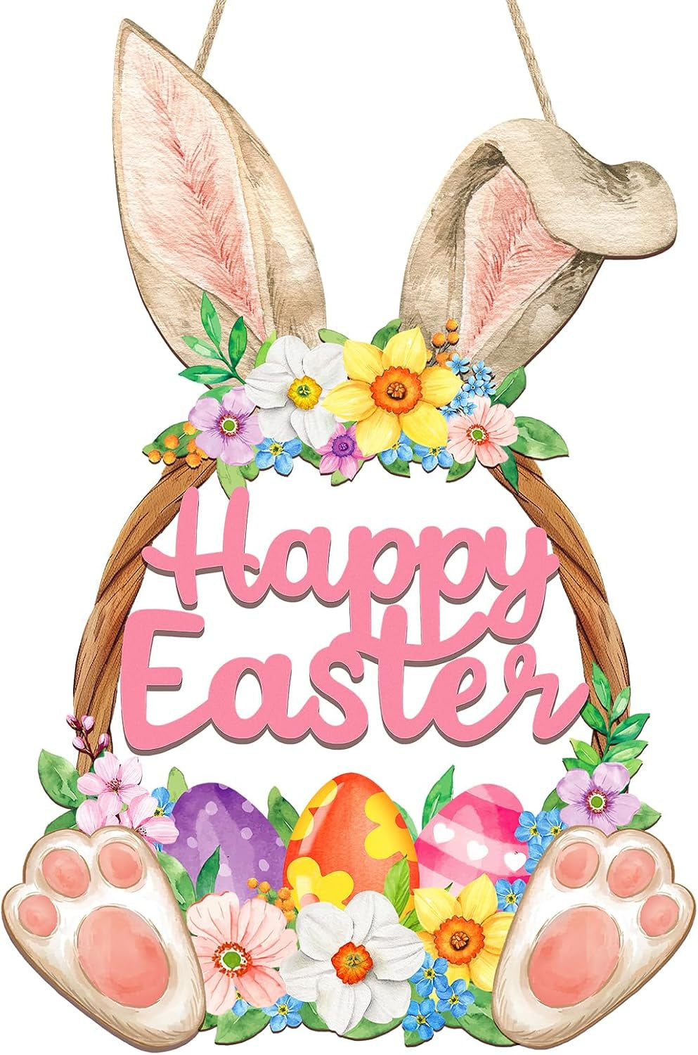 Wooden Easter Hanging Sign, Rustic Hollow-Out Spring Door Decoration, Farmhouse Wall Plaque for Home Entryway Porch Deco